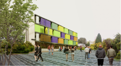 Ejemplo de posible emplazamientos y etapas Edificio Modular Facultad de Filosofía y Humanidades. Fuente: Unidad Infraestructura y Desarrollo Físico/ Proyecto Nuevo Edificio Modular Facultad de Filosofía y Humanidades